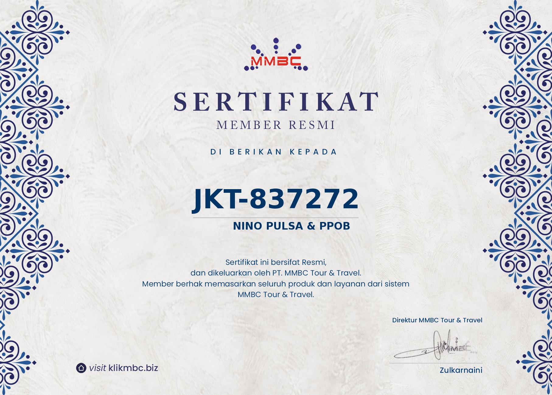 Sertifikat MMBC NINO PULSA